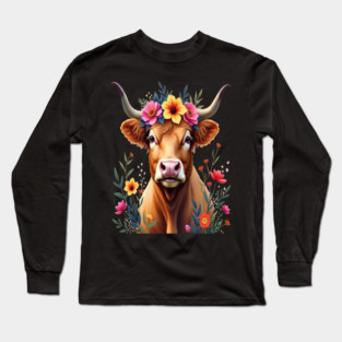 Cute Highland Cow Surrounded by Vibrant Flowers Farm Animals Long Sleeve T-Shirt
