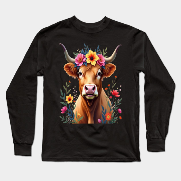 Cute Highland Cow Surrounded by Vibrant Flowers Farm Animals Long Sleeve T-Shirt by BirdsnStuff
