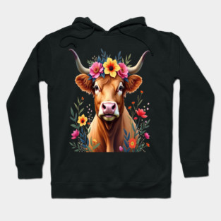Cute Highland Cow Surrounded by Vibrant Flowers Farm Animals Hoodie