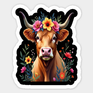 Cute Highland Cow Surrounded by Vibrant Flowers Farm Animals Sticker