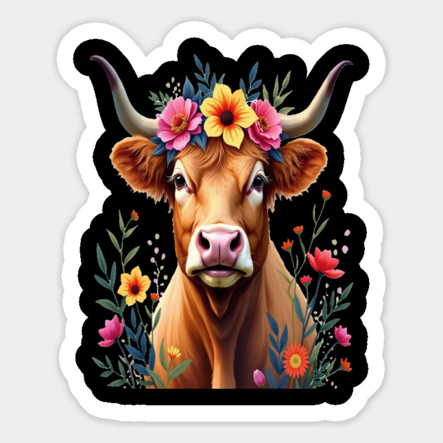 Cute Highland Cow Surrounded by Vibrant Flowers Farm Animals Magnet by BirdsnStuff