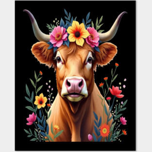 Cute Highland Cow Surrounded by Vibrant Flowers Farm Animals Posters and Art