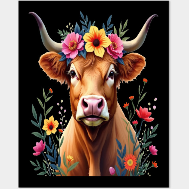 Cute Highland Cow Surrounded by Vibrant Flowers Farm Animals Wall Art by BirdsnStuff