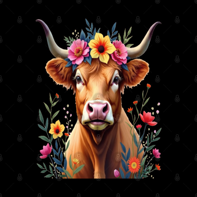 Cute Highland Cow Surrounded by Vibrant Flowers Farm Animals by BirdsnStuff
