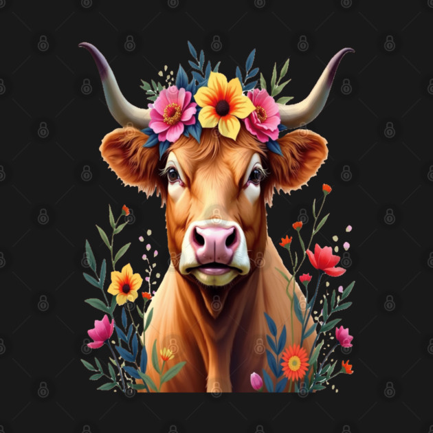 Cute Highland Cow Surrounded by Vibrant Flowers Farm Animals by BirdsnStuff