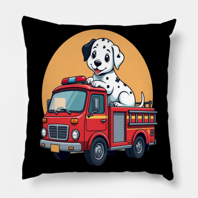 Dalmatian Puppy and Red Fire Truck Adorable and Cute Design Pillow by BirdsnStuff