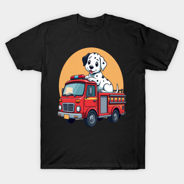Dalmatian Puppy and Red Fire Truck Adorable and Cute Design T-Shirt by BirdsnStuff