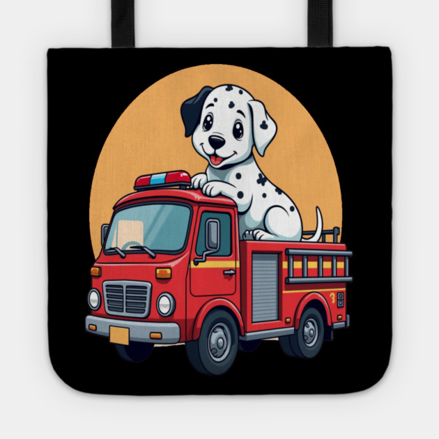 Dalmatian Puppy and Red Fire Truck Adorable and Cute Design Tote by BirdsnStuff