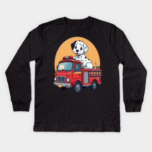 Dalmatian Puppy and Red Fire Truck Adorable and Cute Design Kids Long Sleeve T-Shirt