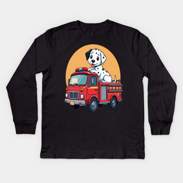 Dalmatian Puppy and Red Fire Truck Adorable and Cute Design Kids Long Sleeve T-Shirt by BirdsnStuff