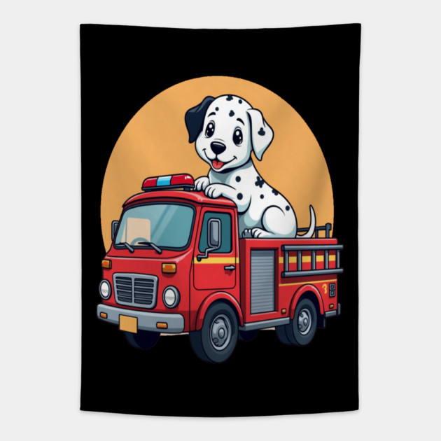 Dalmatian Puppy and Red Fire Truck Adorable and Cute Design Tapestry by BirdsnStuff