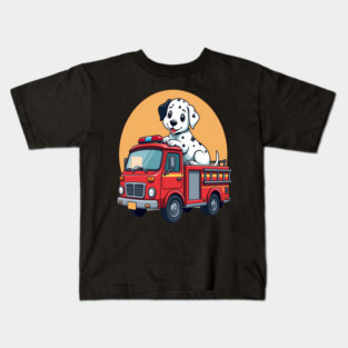 Dalmatian Puppy and Red Fire Truck Adorable and Cute Design Kids T-Shirt