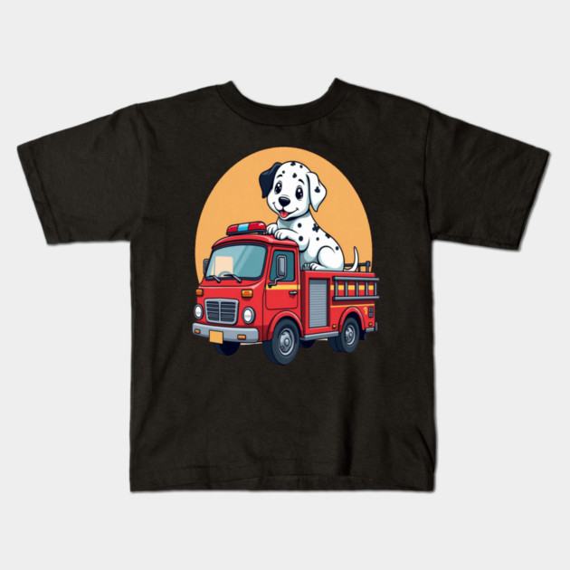 Dalmatian Puppy and Red Fire Truck Adorable and Cute Design Kids T-Shirt by BirdsnStuff