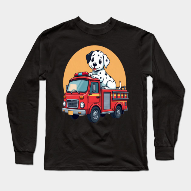 Dalmatian Puppy and Red Fire Truck Adorable and Cute Design Long Sleeve T-Shirt by BirdsnStuff