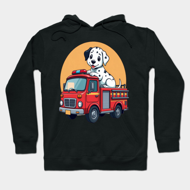 Dalmatian Puppy and Red Fire Truck Adorable and Cute Design Hoodie by BirdsnStuff