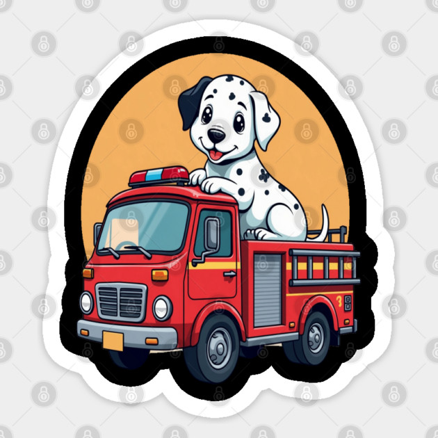 Dalmatian Puppy and Red Fire Truck Adorable and Cute Design Sticker by BirdsnStuff