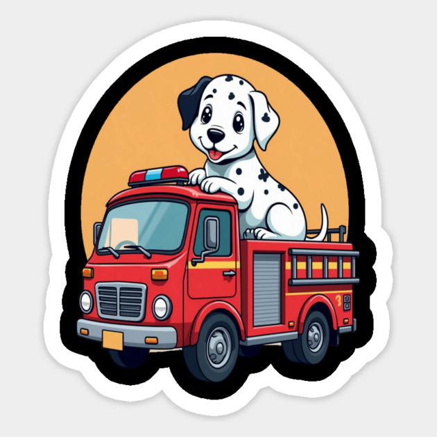 Dalmatian Puppy and Red Fire Truck Adorable and Cute Design Magnet by BirdsnStuff