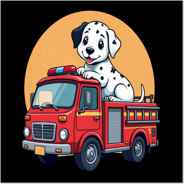 Dalmatian Puppy and Red Fire Truck Adorable and Cute Design Wall Art by BirdsnStuff