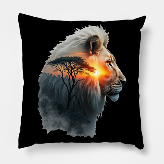 Lion in the African Savannah Double Exposure Nature Lovers Pillow by BirdsnStuff