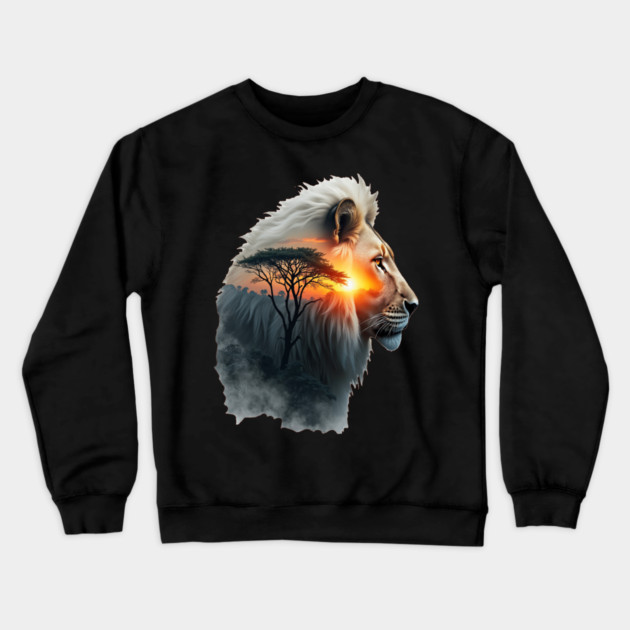 Lion in the African Savannah Double Exposure Nature Lovers Crewneck Sweatshirt by BirdsnStuff