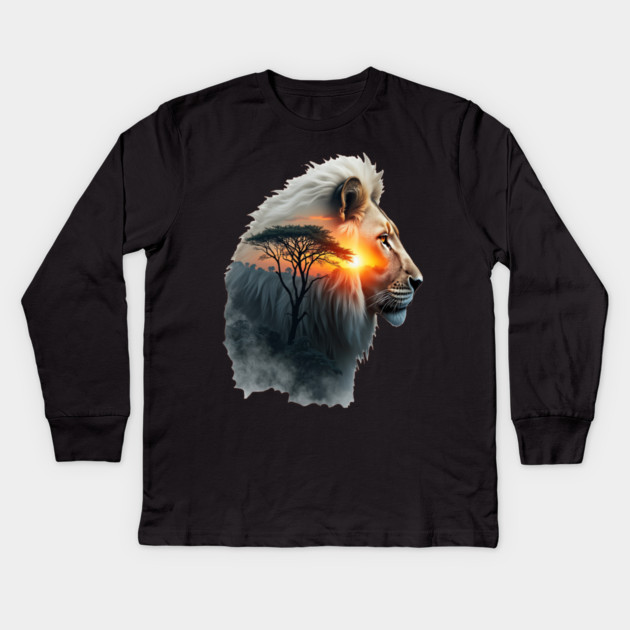 Lion in the African Savannah Double Exposure Nature Lovers Kids Long Sleeve T-Shirt by BirdsnStuff