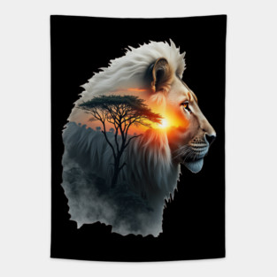 Lion in the African Savannah Double Exposure Nature Lovers Tapestry
