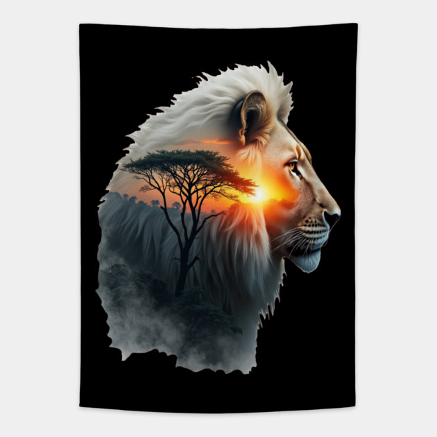 Lion in the African Savannah Double Exposure Nature Lovers Tapestry by BirdsnStuff