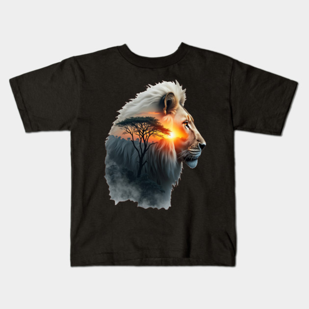 Lion in the African Savannah Double Exposure Nature Lovers Kids T-Shirt by BirdsnStuff