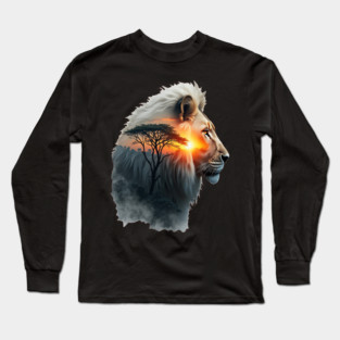 Lion in the African Savannah Double Exposure Nature Lovers Long Sleeve T-Shirt