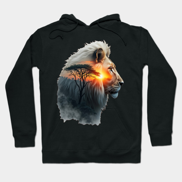 Lion in the African Savannah Double Exposure Nature Lovers Hoodie by BirdsnStuff
