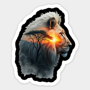 Lion in the African Savannah Double Exposure Nature Lovers Sticker