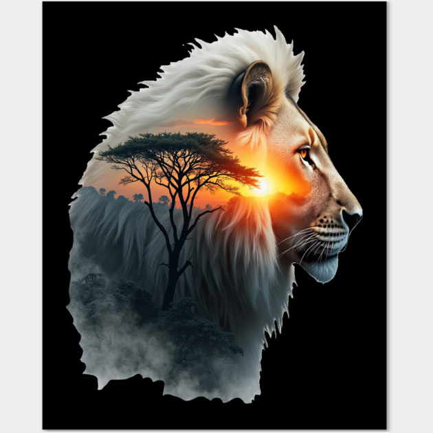 Lion in the African Savannah Double Exposure Nature Lovers Wall Art by BirdsnStuff