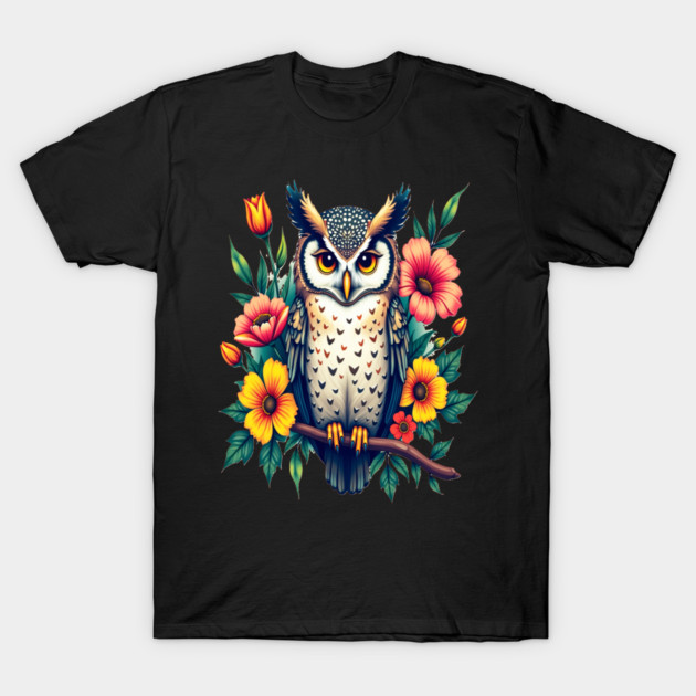 Majestic Owl and Floral Harmony, Nature Enthusiasts T-Shirt by BirdsnStuff