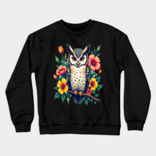 Majestic Owl and Floral Harmony, Nature Enthusiasts Crewneck Sweatshirt