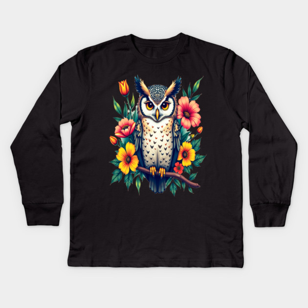Majestic Owl and Floral Harmony, Nature Enthusiasts Kids Long Sleeve T-Shirt by BirdsnStuff