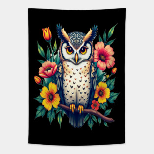 Majestic Owl and Floral Harmony, Nature Enthusiasts Tapestry