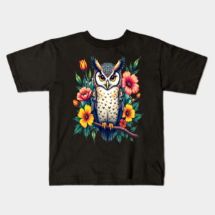 Majestic Owl and Floral Harmony, Nature Enthusiasts Kids T-Shirt
