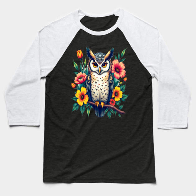 Majestic Owl and Floral Harmony, Nature Enthusiasts Baseball T-Shirt by BirdsnStuff