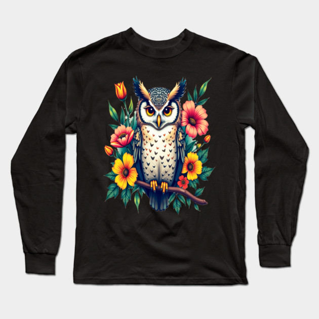 Majestic Owl and Floral Harmony, Nature Enthusiasts Long Sleeve T-Shirt by BirdsnStuff