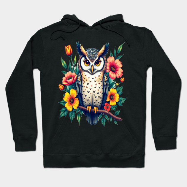 Majestic Owl and Floral Harmony, Nature Enthusiasts Hoodie by BirdsnStuff