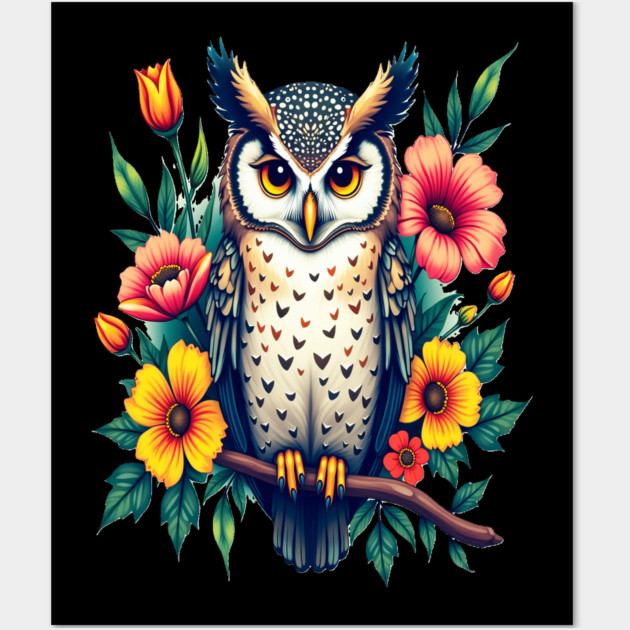 Majestic Owl and Floral Harmony, Nature Enthusiasts Wall Art by BirdsnStuff