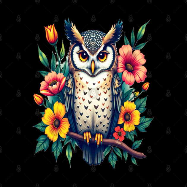 Majestic Owl and Floral Harmony, Nature Enthusiasts by BirdsnStuff