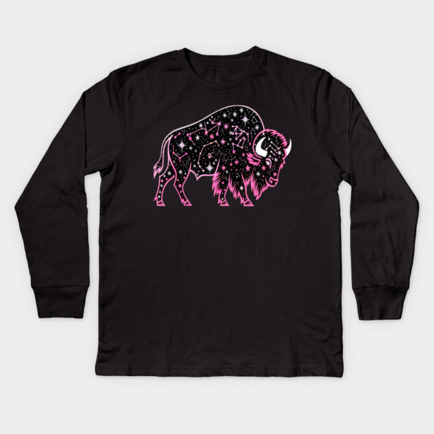 Buffalo Constellation Starry Night Animal Lovers Design Kids Long Sleeve T-Shirt by BirdsnStuff