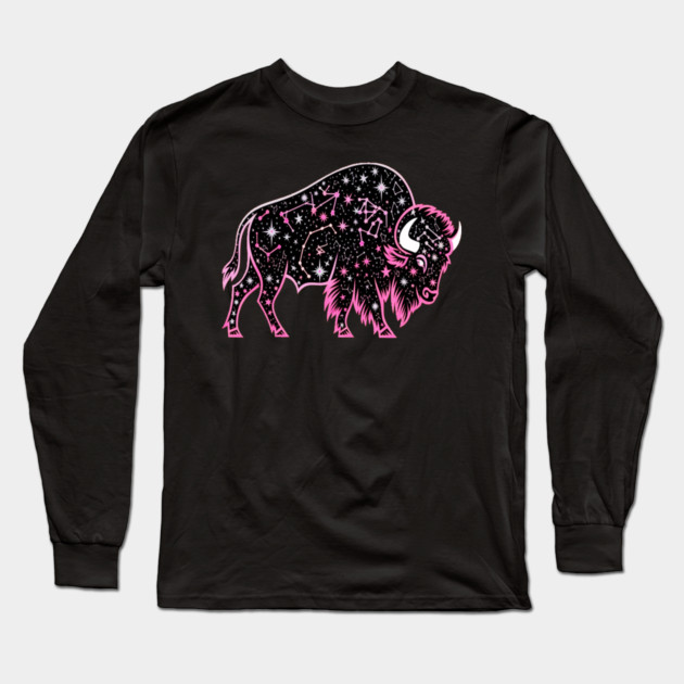 Buffalo Constellation Starry Night Animal Lovers Design Long Sleeve T-Shirt by BirdsnStuff