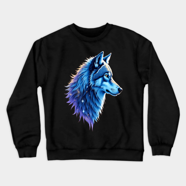 Celestial Cosmic Wolf in Purple Blue Colors Nature Lovers Crewneck Sweatshirt by BirdsnStuff