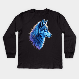 Celestial Cosmic Wolf in Purple Blue Colors Nature Lovers Kids Long Sleeve T-Shirt