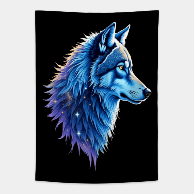 Celestial Cosmic Wolf in Purple Blue Colors Nature Lovers Tapestry by BirdsnStuff