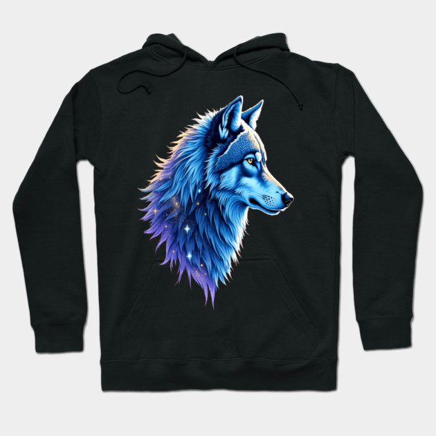 Celestial Cosmic Wolf in Purple Blue Colors Nature Lovers Hoodie by BirdsnStuff