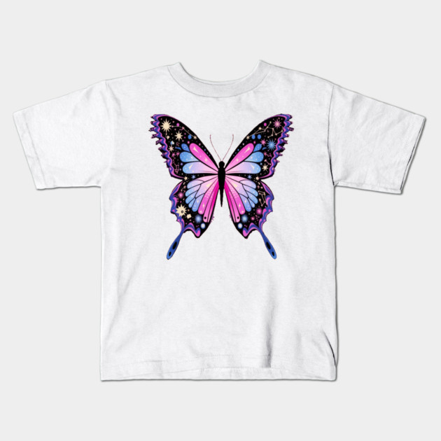 Cosmic Celestrial Vibrant Pink Blue Butterfly Kids T-Shirt by BirdsnStuff
