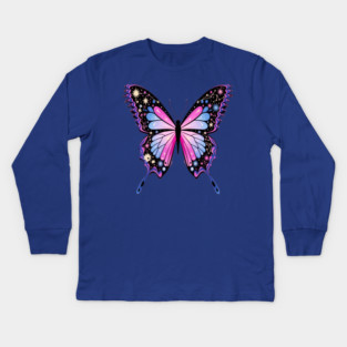 Cosmic Celestrial Vibrant Pink Blue Butterfly Kids Long Sleeve T-Shirt